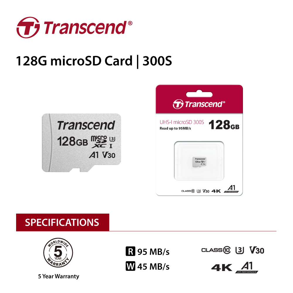 MicroSD 128GB Cl10 UHS3 4K 95MB/s Transcend 300S TS128GUSD300S image