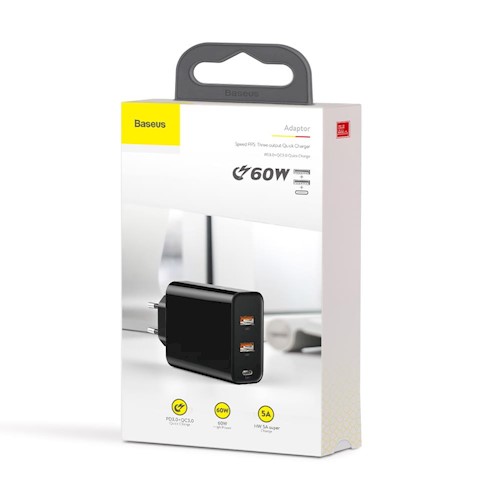 Ταχυφορτιστής (Αντάπτορας P.D.3.0+QC3.0) 60W 1xTYPE C, 2xUSB A Black Baseus CCFS-G01 image