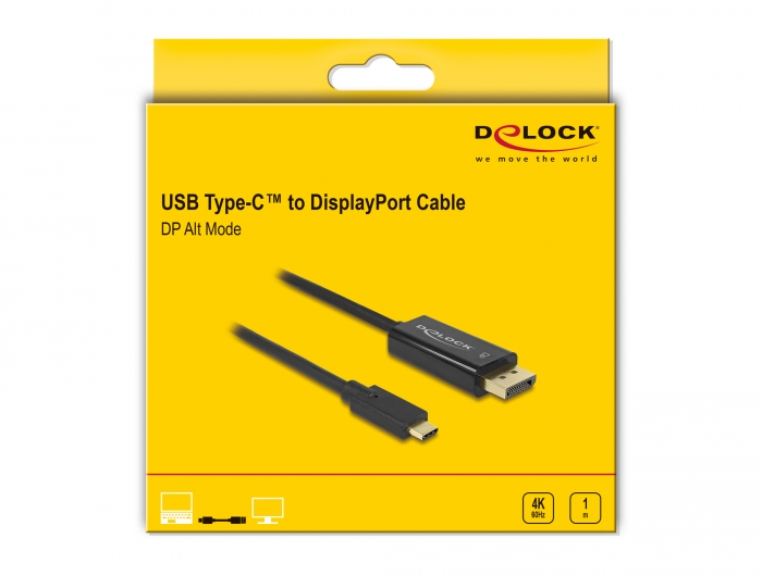 DisplayPort Cable Male to USB-C Male 4K 60Hz 1m Black Delock 85255 image