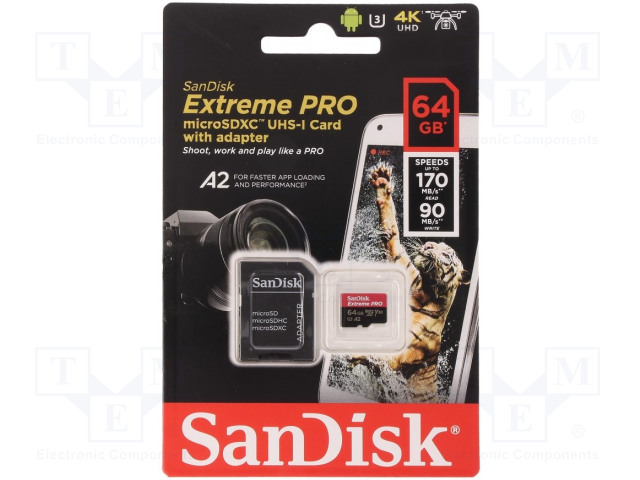 MicroSD 64GB Cl10 4K 170MB/s SANDISK Extreme PRO Adapter SDSQXCY-064G-GN6MA image