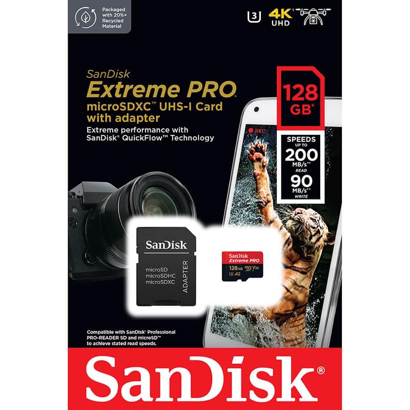 MicroSD 128GB Cl10 4K 170MB/s SANDISK Extreme PRO Adapter SDSQXCD-128G-GN6MA image